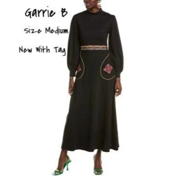 Garrie B  Embroidered Maxi Dress Women's Black Turtleneck Medium New With Tag - Picture 1 of 5